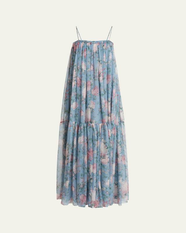 Long Floral Print Tiered Silk Dress